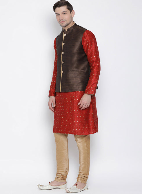 VASTRAMAY Men's Maroon Cotton Silk Blend Kurta, Ethnic Jacket and Pyjama Set